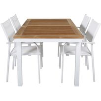 Ruokailuryhmä Venture Home, 152/210x90cm jatkettava Panama-pöytä + 4 valkoista, pinottavaa Santorini-tuolia
