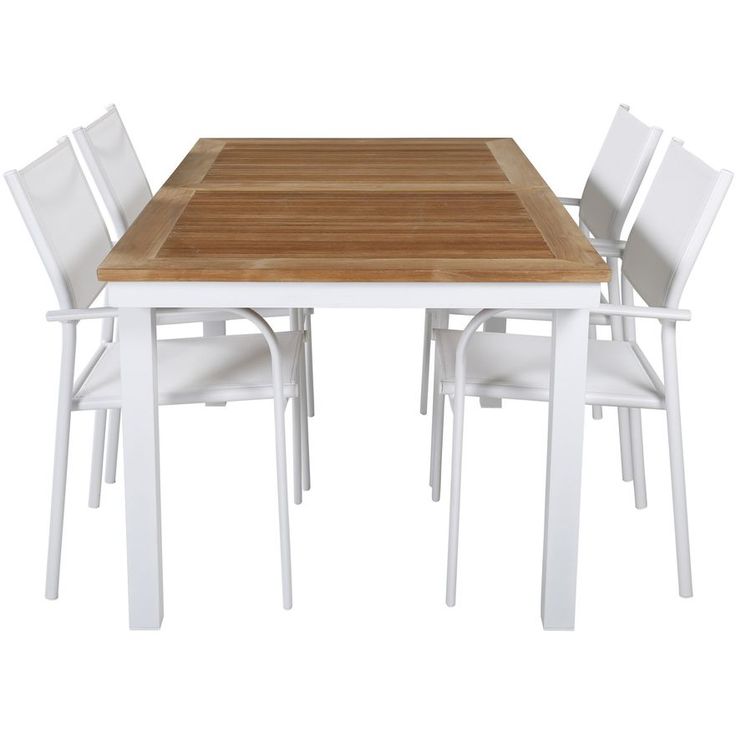 Ruokailuryhmä Venture Home, 152/210x90cm jatkettava Panama-pöytä + 4 valkoista, pinottavaa Santorini-tuolia