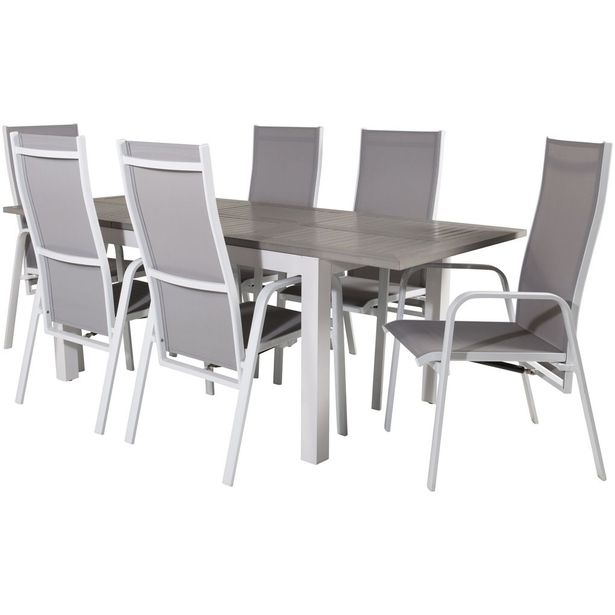 Ruokailuryhmä Venture Home, 152/210x90cm harmaa/valkoinen jatkettava Albany-pöytä + 6 harmaa/valkoista, pinottavaa Copacabana-säätötuolia
