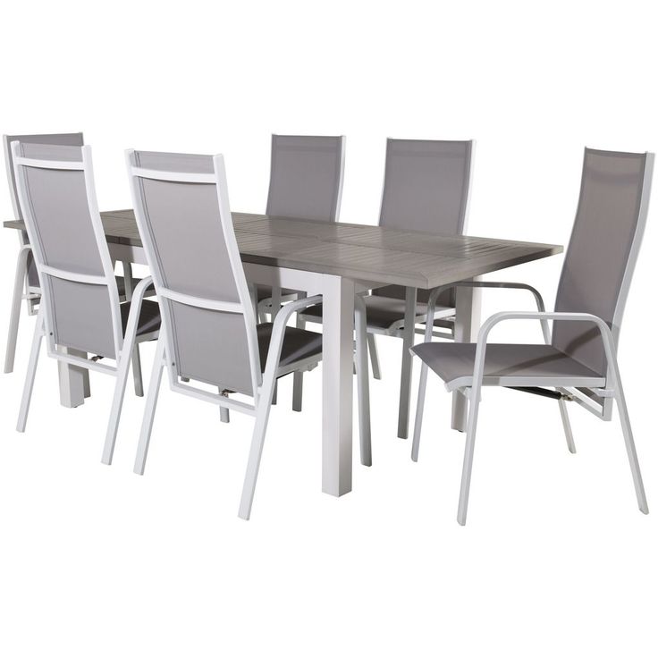 Ruokailuryhmä Venture Home, 152/210x90cm harmaa/valkoinen jatkettava Albany-pöytä + 6 harmaa/valkoista, pinottavaa Copacabana-säätötuolia