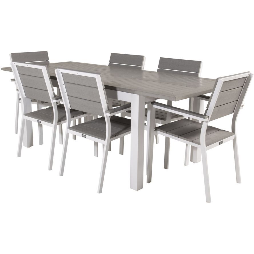 Ruokailuryhmä Venture Home, 152/210x90cm harmaa/valkoinen jatkettava Albany-pöytä + 6 harmaa/valkoista, pinottavaa Levels-tuolia