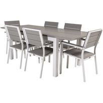 Ruokailuryhmä Venture Home, 152/210x90cm harmaa/valkoinen jatkettava Albany-pöytä + 6 harmaa/valkoista, pinottavaa Levels-tuolia