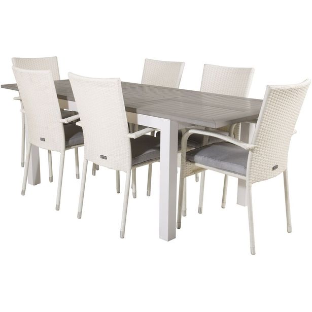 Ruokailuryhmä Venture Home, 152/210x90cm harmaa/valkoinen jatkettava Albany-pöytä + 6 valkoista, pinottavaa Anna-tuolia
