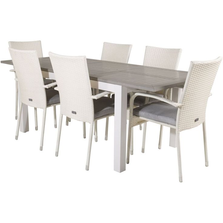 Ruokailuryhmä Venture Home, 152/210x90cm harmaa/valkoinen jatkettava Albany-pöytä + 6 valkoista, pinottavaa Anna-tuolia