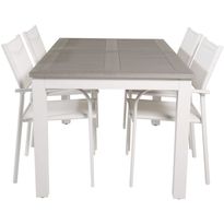 Ruokailuryhmä Venture Home, 152/210x90cm harmaa/valkoinen jatkettava Albany-pöytä + 4 harmaa/valkoista, pinottavaa Santorini-tuolia