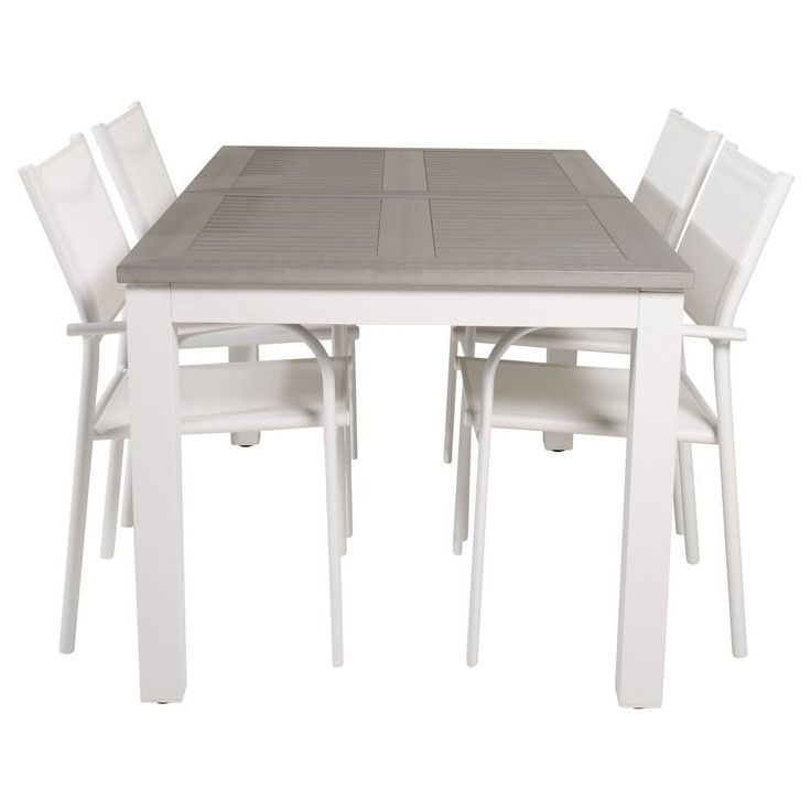 Ruokailuryhmä Venture Home, 152/210x90cm harmaa/valkoinen jatkettava Albany-pöytä + 4 harmaa/valkoista, pinottavaa Santorini-tuolia
