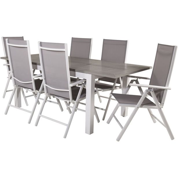 Ruokailuryhmä Venture Home, 152/210x90cm harmaa/valkoinen jatkettava Albany-pöytä + 6 harmaa/valkoista Break-säätötuolia