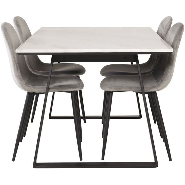 Ruokailuryhmä Venture Home, 140x90cm valkoinen Estelle-pöytä + 4 vaaleanharmaata Polar-tuolia, sametti