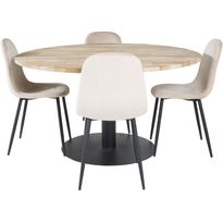 Pyöreä ruokailuryhmä Venture Home, Ø140cm ruskea Cirebon-pöytä + 4 Polar-tuolia, sametti