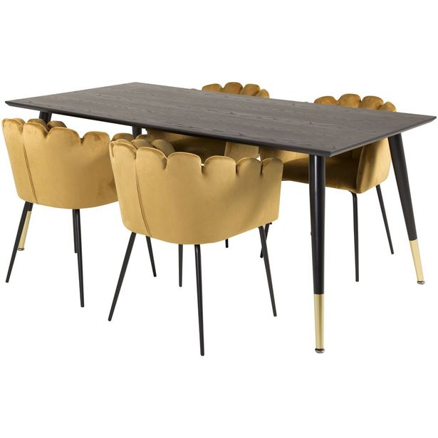 Ruokailuryhmä Venture Home, 180x90cm musta/messinki Dipp-pöytä + 4 kullankeltaista Limhamn-tuolia