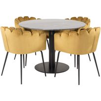 Ruokailuryhmä Venture Home, ø106cm musta Estelle-pöytä + 4 Limhamn-tuolia, sametti