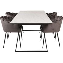 Ruokailuryhmä Venture Home, 200x90cm valkoinen Estelle-pöytä + 4 harmaata Limhamn-tuolia, sametti