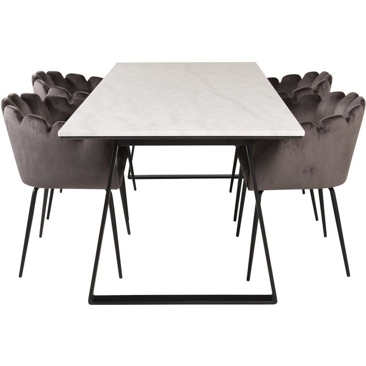 Ruokailuryhmä Venture Home, 200x90cm valkoinen Estelle-pöytä + 4 harmaata Limhamn-tuolia, sametti