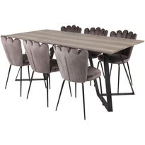 Ruokailuryhmä Venture Home, 180x90cm harmaa/musta Marina-pöytä+ 6 harmaata Limhamn Light -tuolia, sametti