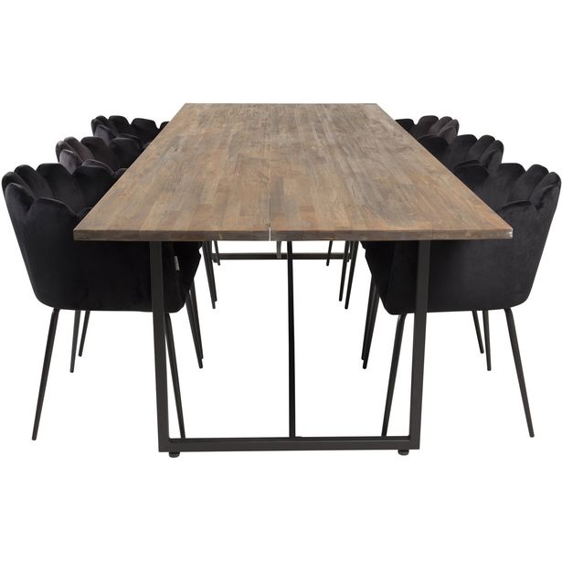 Ruokailuryhmä Venture Home, 250x100cm ruskea Padang-pöytä + 6 mustaa Limhamn-tuolia, sametti