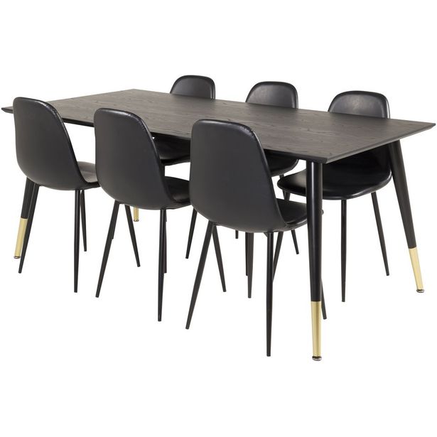 Ruokailuryhmä Venture Home, 180x90cm musta/messinki Dipp-pöytä + 6 musta/messinki Polar PU -tuolia