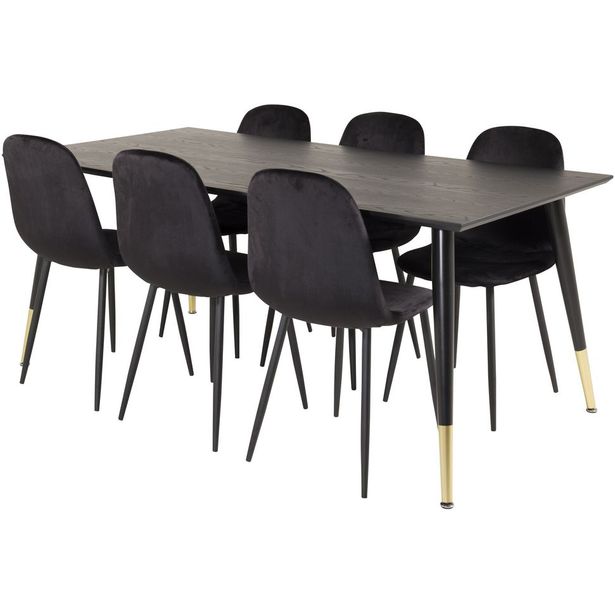 Ruokailuryhmä Venture Home, 180x90cm musta/messinki Dipp-pöytä + 6 Polar-tuolia