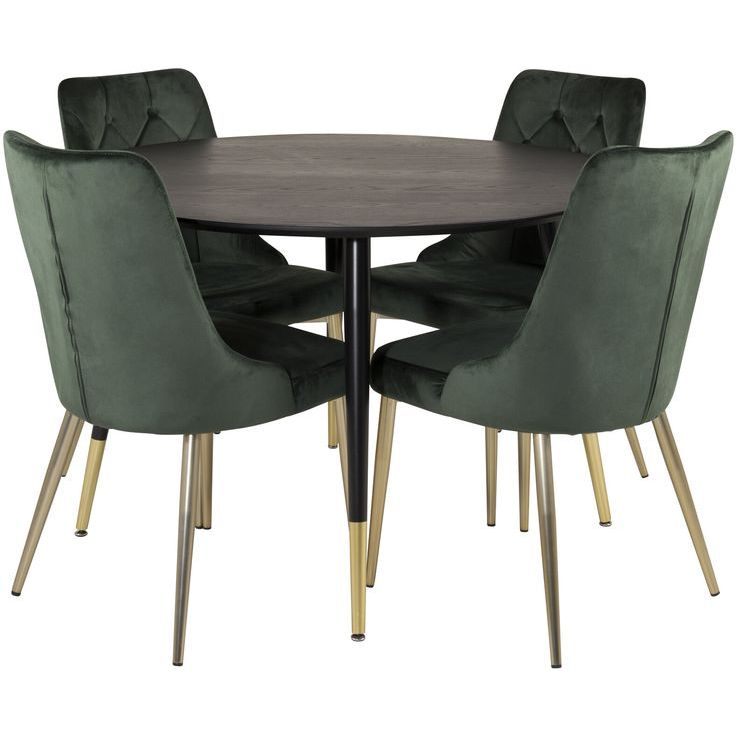 Ruokailuryhmä Venture Home, ⌀115cm musta Dipp-ruokapöytä + 4 vihreää Velvet Deluxe -tuolia