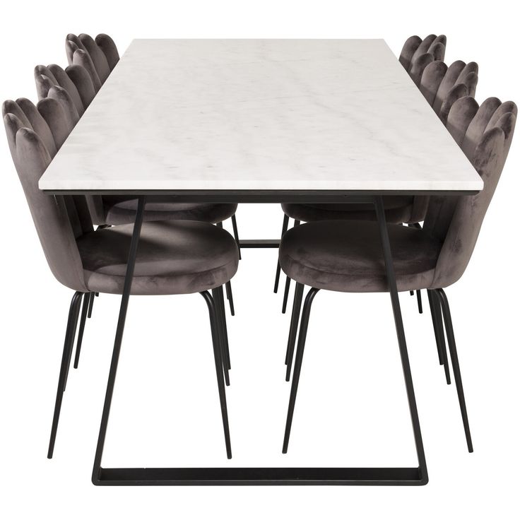 Ruokailuryhmä Venture Home, 200x90cm valkoinen Estelle-pöytä + 6 harmaata Limhamn-tuolia, sametti