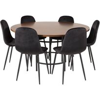 Ruokailuryhmä Venture Home, ⌀140cm ruskea Copenhagen-pöytä + 6 mustaa Polar-tuolia, sametti