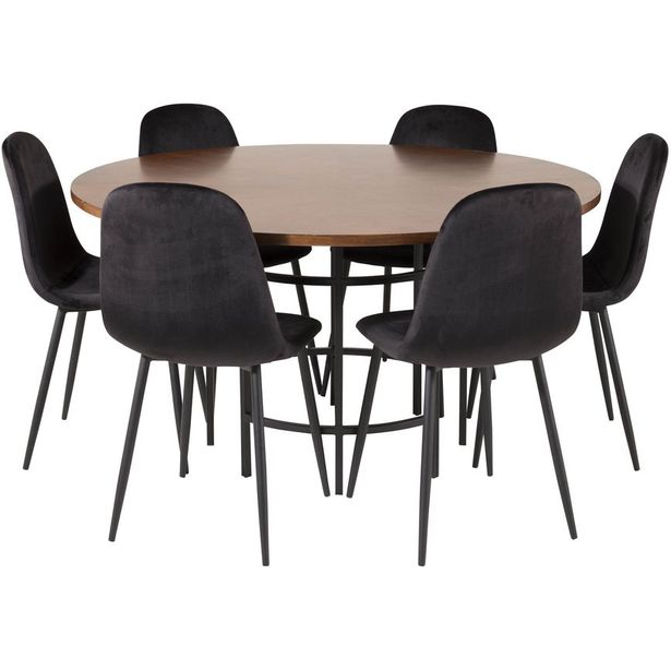 Ruokailuryhmä Venture Home, ⌀140cm ruskea Copenhagen-pöytä + 6 mustaa Polar-tuolia, sametti