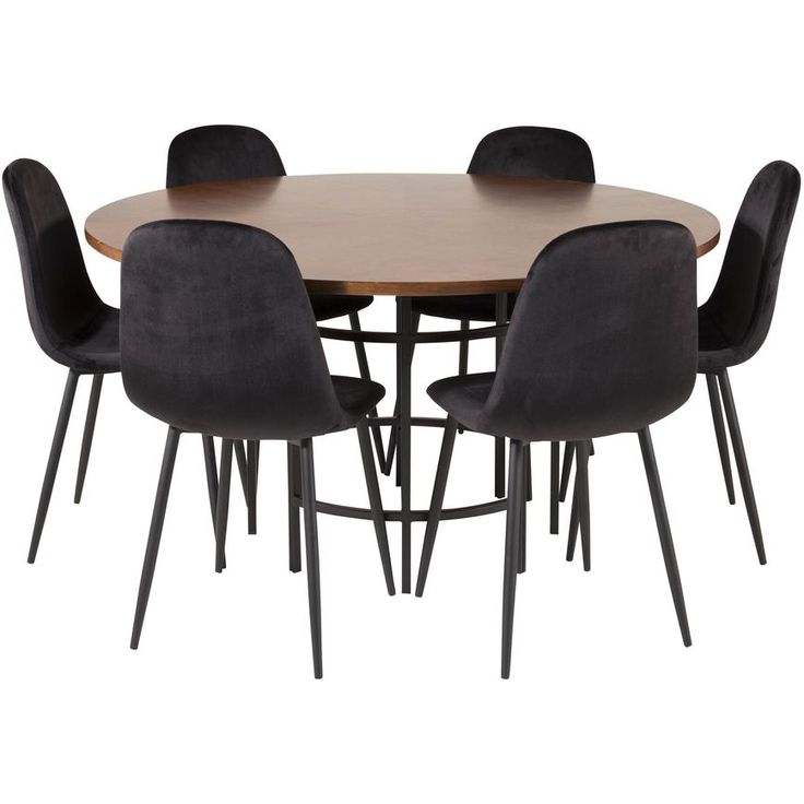 Ruokailuryhmä Venture Home, ⌀140cm ruskea Copenhagen-pöytä + 6 mustaa Polar-tuolia, sametti