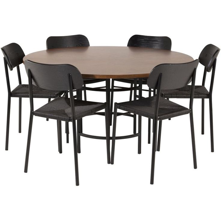 Ruokailuryhmä Venture Home, ⌀140cm ruskea Copenhagen-pöytä + 6 mustaa Polly-tuolia