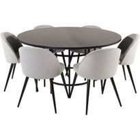 Ruokailuryhmä Venture Home, ⌀140cm musta Copenhagen-pöytä + 6 vaaleanharmaata Velvet-tuolia, sametti
