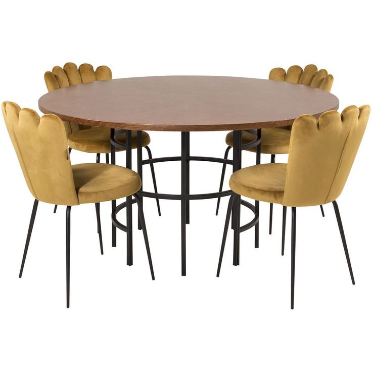 Ruokailuryhmä Venture Home, ⌀140cm ruskea Copenhagen-pöytä + 4 keltaista Limhamn Light -tuolia, sametti