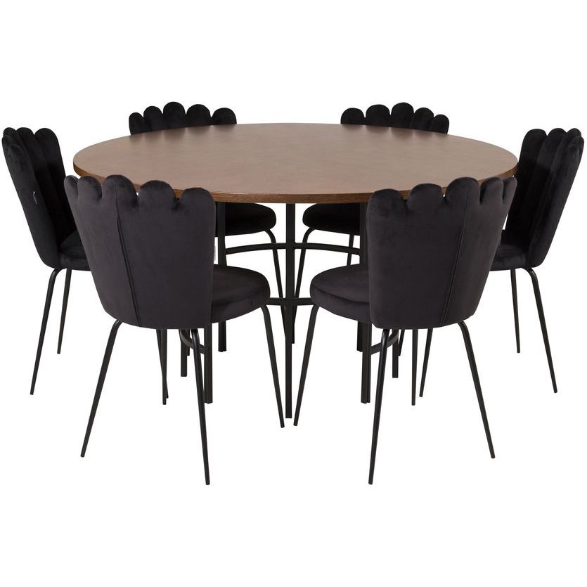 Ruokailuryhmä Venture Home, ⌀140cm ruskea Copenhagen-pöytä + 6 mustaa Limhamn Light -tuolia, sametti