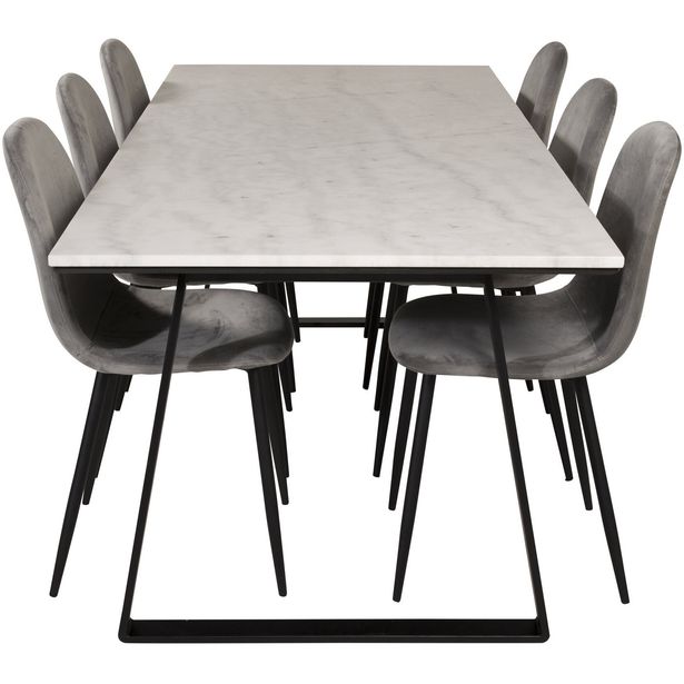 Ruokailuryhmä Venture Home, 200x90cm valkoinen Estelle-pöytä + 6 Polar-tuolia