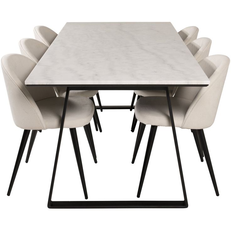 Ruokailuryhmä Venture Home, 200x90cm valkoinen Estelle-pöytä + 6 Velvet-tuolia, sametti