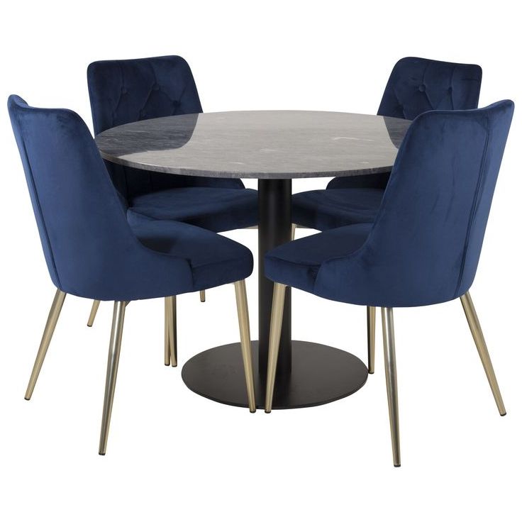 Ruokailuryhmä Venture Home, ø106cm harmaa/musta Estelle-pöytä + 4 sinistä Velvet Deluxe -tuolia, sametti