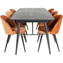 Ruokailuryhmä Venture Home, jatkettava musta Gold-pöytä + 6 Velvet-tuolia, sametti
