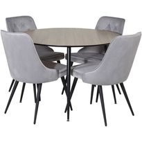Ruokailuryhmä Venture Home, ⌀100cm ruskea/musta Silar-pöytä + 4 vaaleanharmaata Velvet Deluxe -tuolia