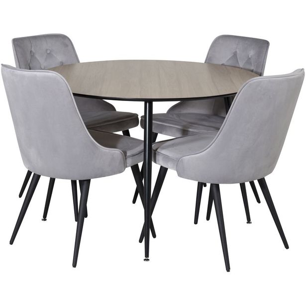 Ruokailuryhmä Venture Home, ⌀100cm ruskea/musta Silar-pöytä + 4 vaaleanharmaata Velvet Deluxe -tuolia