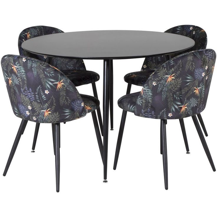 Ruokailuryhmä Venture Home, ⌀100cm musta Silar-pöytä + 4 mustaa Velvet-tuolia kukkakuosilla