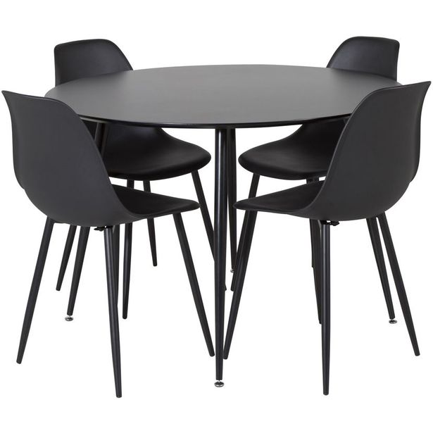 Ruokailuryhmä Venture Home, ⌀100cm musta Silar-pöytä + 4 mustaa Polar Plastic -tuolia