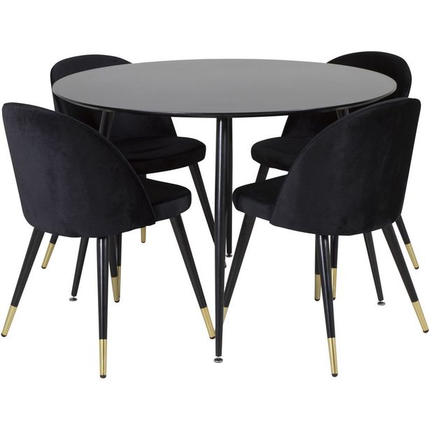 Ruokailuryhmä Venture Home, ⌀100cm musta Silar-pöytä + 4 Velvet-tuolia, musta/messinki