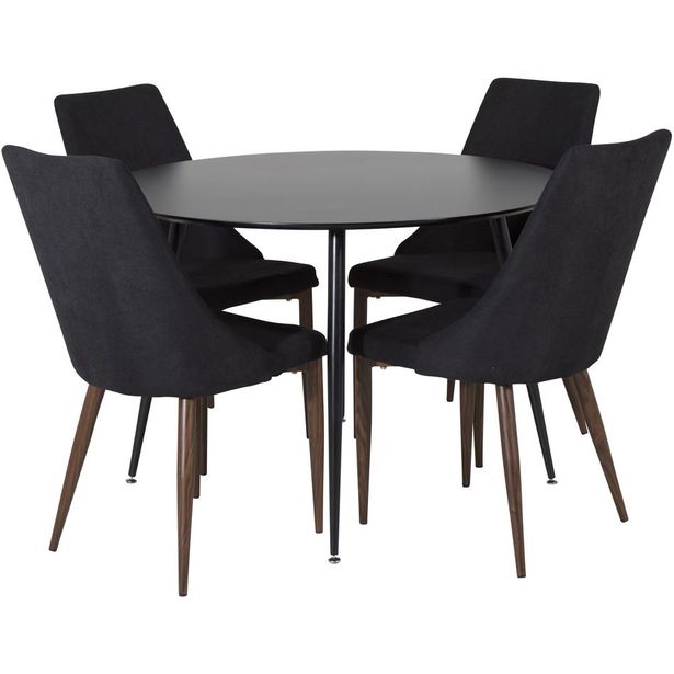 Ruokailuryhmä Venture Home, ⌀100cm musta Silar-pöytä + 4 mustaa Leone-tuolia
