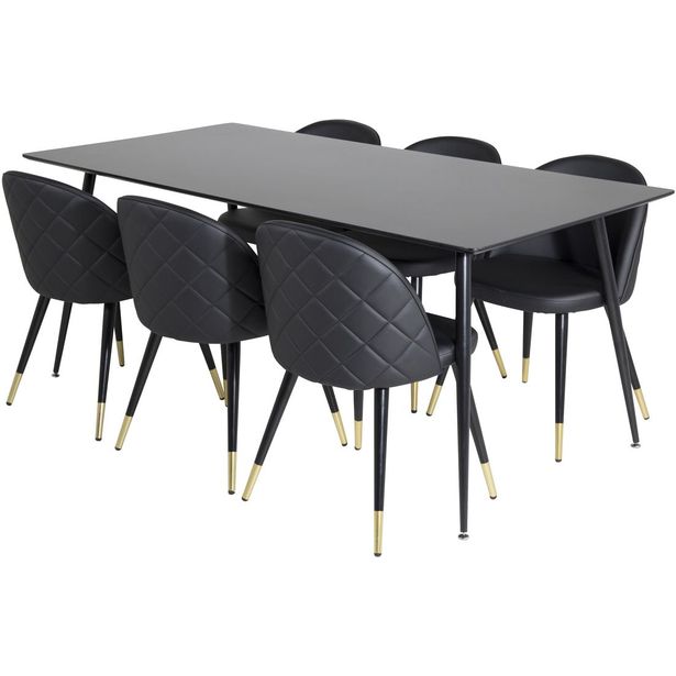 Ruokailuryhmä Venture Home, 180x90cm Silar-pöytä + 6 mustaa Velvet-tuolia, keinonahka