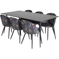 Ruokailuryhmä Venture Home, 180x90cm musta Silar-pöytä + 6 mustaa Velvet-tuolia, kukkakuosi