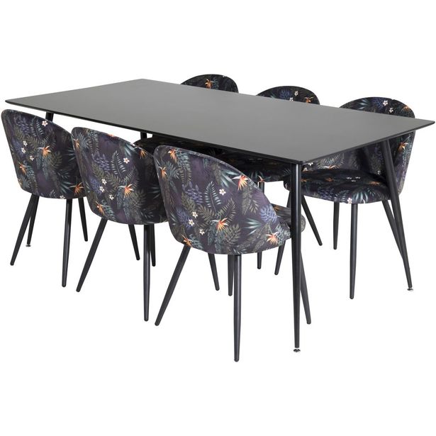 Ruokailuryhmä Venture Home, 180x90cm musta Silar-pöytä + 6 mustaa Velvet-tuolia, kukkakuosi