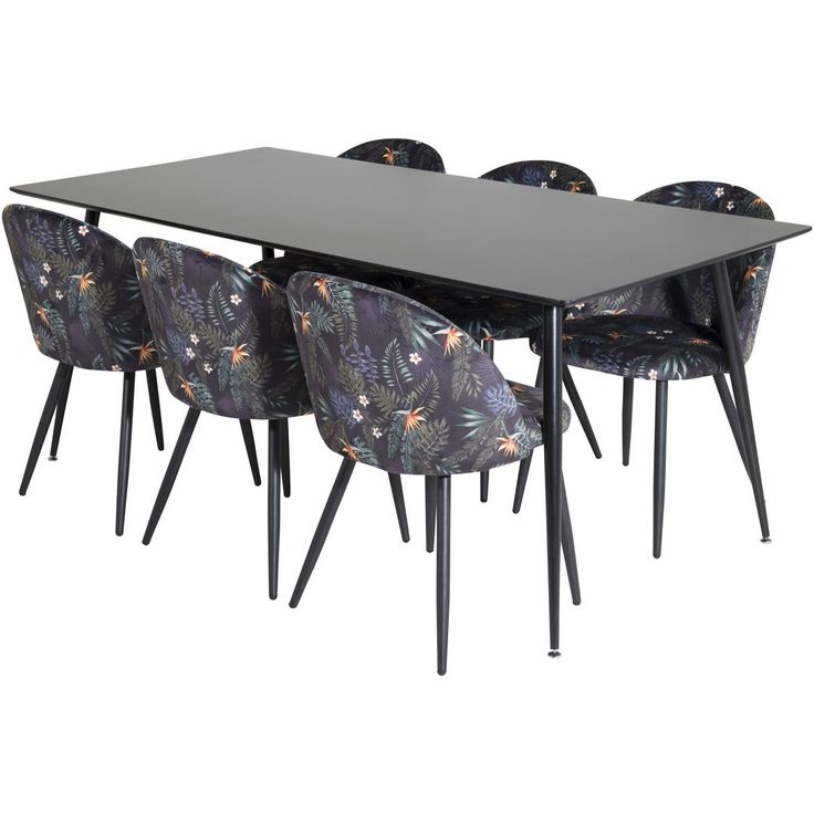 Ruokailuryhmä Venture Home, 180x90cm musta Silar-pöytä + 6 mustaa Velvet-tuolia, kukkakuosi