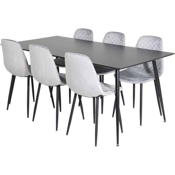 Ruokailuryhmä Venture Home, 180x90cm musta Silar-pöytä + 6 harmaata Polar Diamond -tuolia