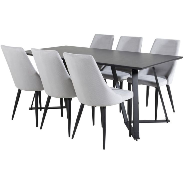 Ruokailuryhmä Venture Home, 180x90cm musta Marina-pöytä + 6 vaaleanharmaata Leone-tuolia, vakosametti