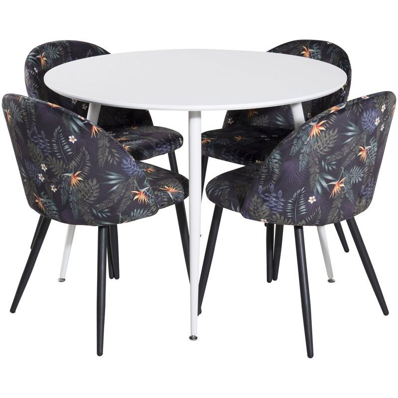 Ruokailuryhmä Venture Home, ⌀100cm valkoinen Plaza-pöytä + 4 mustaa Velvet-tuolia kukkakuosilla