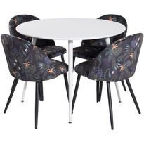 Ruokailuryhmä Venture Home, ⌀100cm valkoinen Plaza-pöytä + 4 mustaa Velvet-tuolia kukkakuosilla