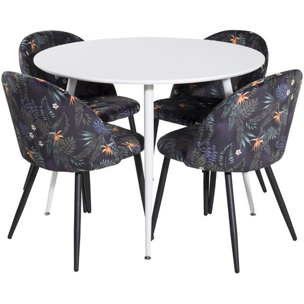Ruokailuryhmä Venture Home, ⌀100cm valkoinen Plaza-pöytä + 4 mustaa Velvet-tuolia kukkakuosilla