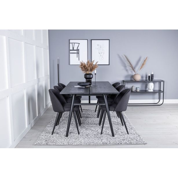 Ruokailuryhmä Venture Home, Sleek-ruokapöytä + 6 mustaa Velvet-tuolia